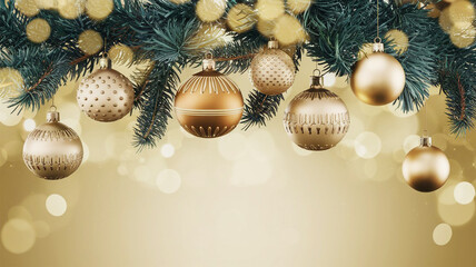 Christmas tree with gold blurred lights. festive ornaments with blurred golden and red bokeh background with text space