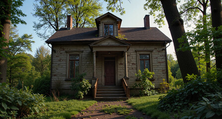 Abandoned vintage house surrounded by trees and overgrown vegetation for real estate or architectural concept
