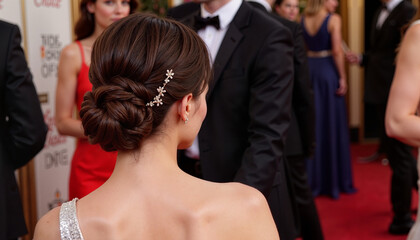 Fototapeta premium Elegant woman with styled hair at formal event, fashion atmosphere, red carpet and glamorous setting