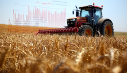 Obraz premium blurred double exposure of tractor and price chart. agrobusiness