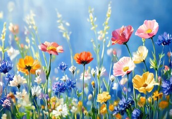 Obraz premium A Vibrant Field of Colorful Wildflowers in Full Bloom Against a Soft Blue Sky, Capturing the Essence of Nature's Beauty and Serenity