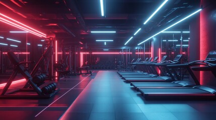 A modern gym interior featuring sleek equipment and vibrant neon lighting.