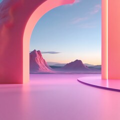 Fototapeta premium Surreal pastel landscape. Pink and purple sky over a glacial river flowing between icy peaks. Dreamlike, fantasy scenery.