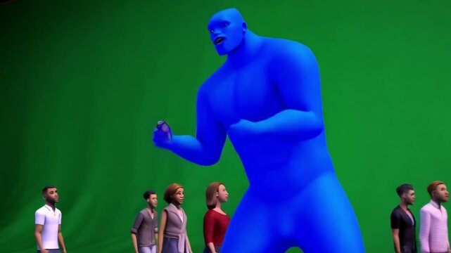 Personagem animado azul grande.