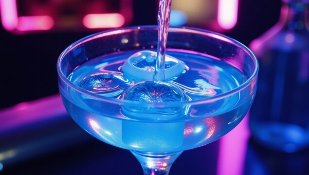 A vibrant electric-blue cocktail with holographic ice cubes and futuristic neon style