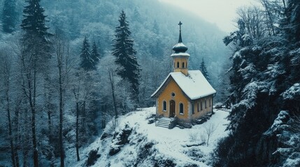 Small yellow church in snowy forest
