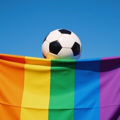 Fototapeta premium Soccer ball placed on a colorful LGBTQ rainbow flag