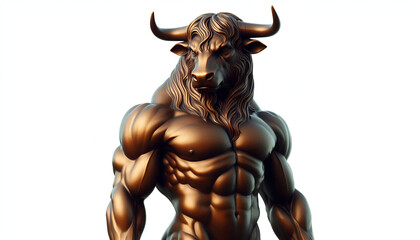 A majestic bronze statue of a minotaur, standing tall and proud. The minotaur has a muscular build, with intricate details on its fur and horns. The statue is polished to a shine, with a rich, warm br