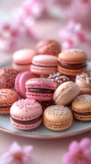 Obraz premium A plate of pink and orange macarons with chocolate filling and sprinkles, set against a pink background with pink flowers.