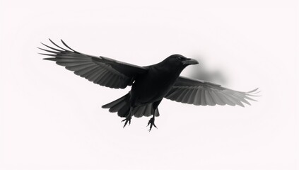 Obraz premium Isolated black raven on white background with a tilted flight pose