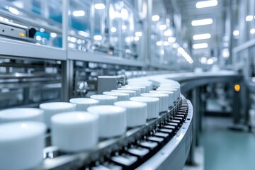 Obraz premium White containers moving on a curved conveyor belt in a modern factory.