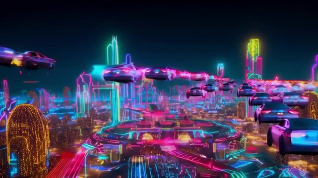 Carros voadores em uma cidade futurista