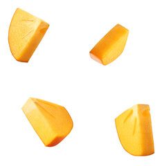 Fresh ripe Persimone fruit falling in the air isolated on white background, food levitation or zero gravity conception