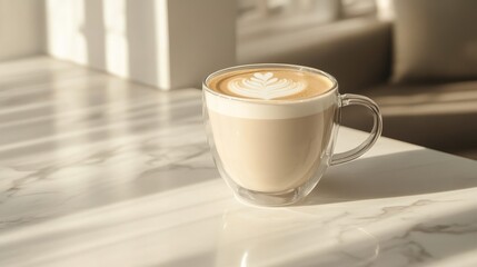 Luxurious flat white coffee in a glass cup, creamy latte art on top, soft morning sunlight, marble countertop