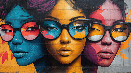 Colorful mural featuring three women wearing glasses in an urban setting showcasing artistic...