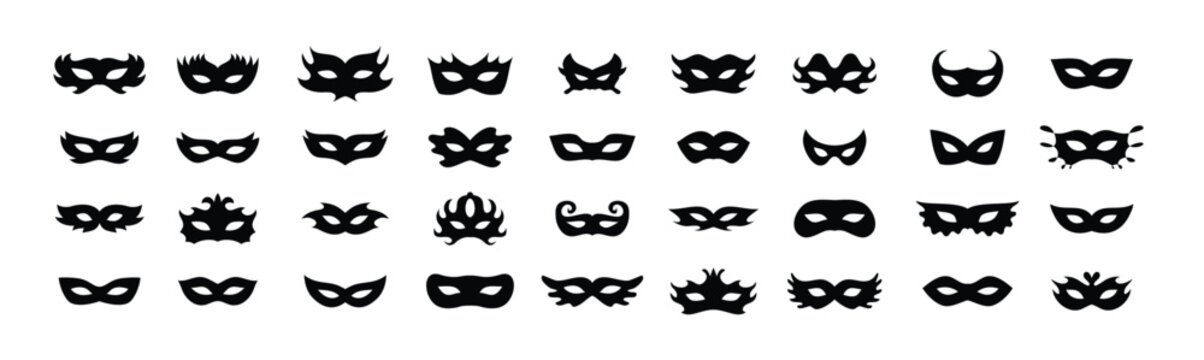 Carnival masks silhouettes icon set. Simple black icons masquerade mask, for party, parad, carnival, Halloween. Mask elements isolated sign, symbol