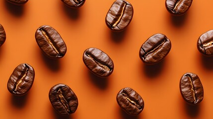 Fototapeta premium Overhead macro photography of scattered coffee beans creating seamless pattern. Rich brown tones and even distribution capture artisanal coffee&nbsp;aesthetic with detailed texture.