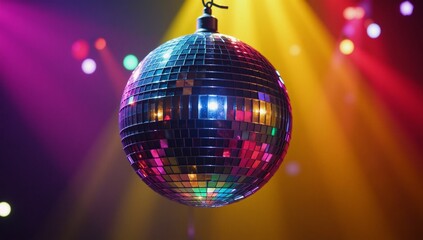 Fototapeta premium Disco ball with colorful light backdrop for vibrant event promotion design