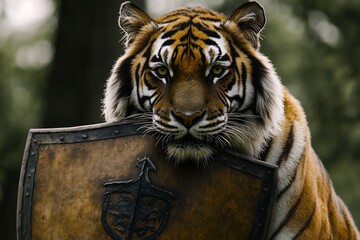 A majestic tiger with striking stripes resting its head on a wooden shield, showcasing a powerful presence.