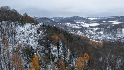winter in the mountains. Jehla rock in Ceska kamenice, Czech republic.