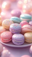 Obraz premium A close-up shot of a plate of colorful macarons with pink, purple, blue, and yellow frosting and a sprinkle of glitter on top.