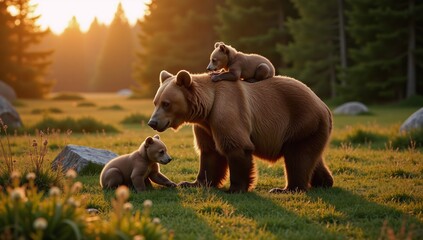 Fototapeta premium A heartwarming scene of mother and cub brown bears enjoying safety within Finlands Nordic taiga with the cuteness of a young bear family in an emotionally resonant Finnish forest setting