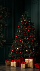 Mobile phone wallpaper: Christmas tree adorned with red and gold ornaments, wrapped gifts placed beneath it, set against a dark green wall backdrop, with cinematic lighting.