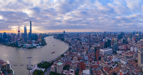 Aerial view of Shanghai skyline at sunrise