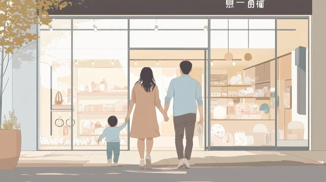 A happy family walking towards a store