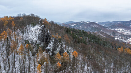 winter in the mountains. Jehla rock in Ceska kamenice, Czech republic.