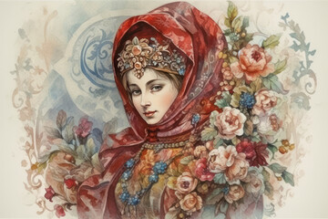 Obraz premium beautiful girl in traditional Russian costume. She is wearing a bright red scarf, decorated with an intricate pattern, and a massive beaded necklace 