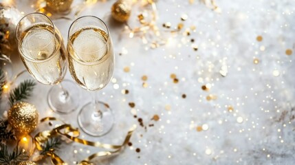 New Year's Eve champagne glasses filled with bright festive holiday lights
