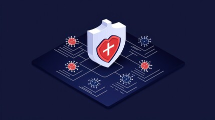 A digital shield symbolizes cybersecurity protection against viruses in a tech-themed environment.