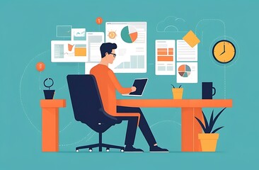 Fototapeta premium An illustration in 2D flat style featuring a character using digital tools to plan and manage their new business venture. The minimalist design emphasizes the role of technology in modern 