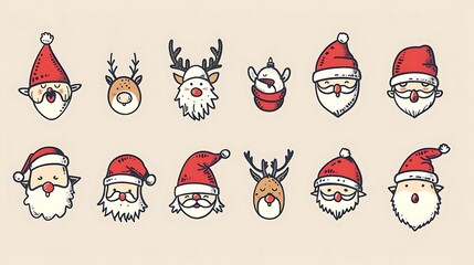 Fototapeta premium Collection of cute hand-drawn Christmas characters including Santa, reindeer, and elves, perfect for festive designs.
