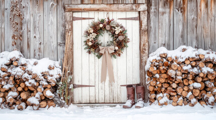 A cozy winter scene featuring a wooden barn door adorned with a festive wreath, surrounded by stacked firewood and snow-covered boots.
