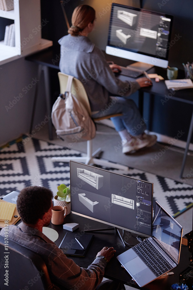 Fototapete Two professionals working at desk, creating 3D architectural models on computer screens. Modern office environment with creative setup, multiple displays, and workstations