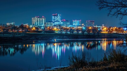 Obraz premium A vibrant nighttime cityscape reflecting on a calm river, showcasing colorful lights and serene nature.