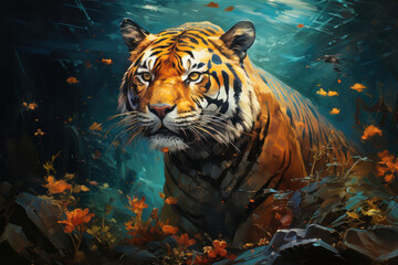 tiger in the wild. Close-up of the tiger looking straight ahead, showing a powerful and majestic expression. Its fur is bright orange with black stripes, contrasting against the deep blue color, 