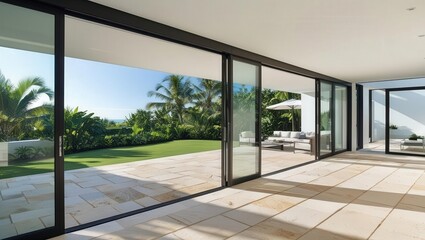 Fototapeta premium A modern interior featuring large glass doors that open to a lush, green outdoor space, creating a seamless indoor-outdoor living experience.