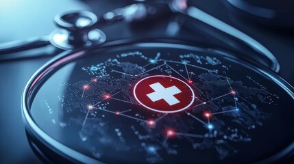 A digital depiction of a stethoscope and a global health network, featuring a prominent red Swiss cross symbolizing healthcare and connectivity.