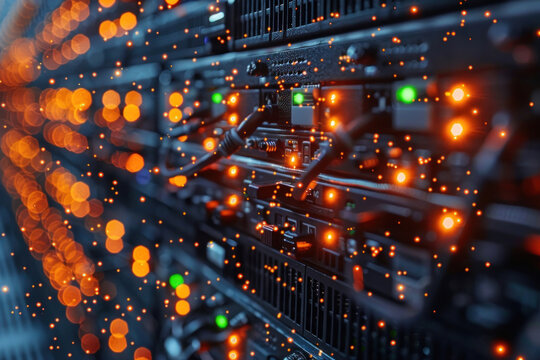 server racks with many connected cables and flashing lights, creating the feeling of a data center.  