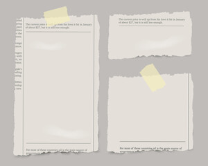 Set of vector realistic pieces of newspaper with adhesive tape on transparent background.