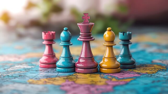 Colorful chess pieces on a world map, symbolizing strategy, travel, and global connection in playful competition.