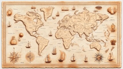 Vintage-style world map illustration with decorative antique elements, including sailing ships, compass roses, and nautical symbols, rendered in sepia tones for an aged effect.