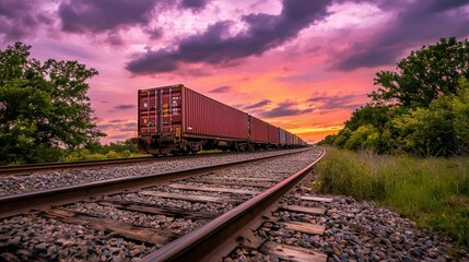 Obraz premium Vibrant sunset over a railway track lined with freight containers, capturing the essence of travel and industry.