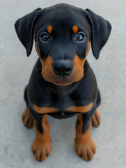 Fototapeta premium Adorable Doberman Pinscher puppy sitting, looking at camera.