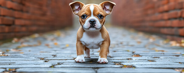 Adorable fawn-colored puppy stands in brick alley.