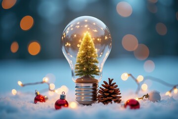 Christmas tree in light bulb with snow and pinecones reflecting holiday spirit