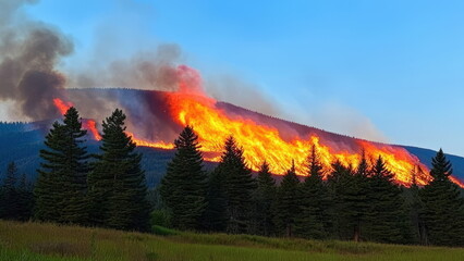Naklejka premium A big fire in the forest in the hot spring. In the foreground there are fir trees. In the blurred background there is a mountain